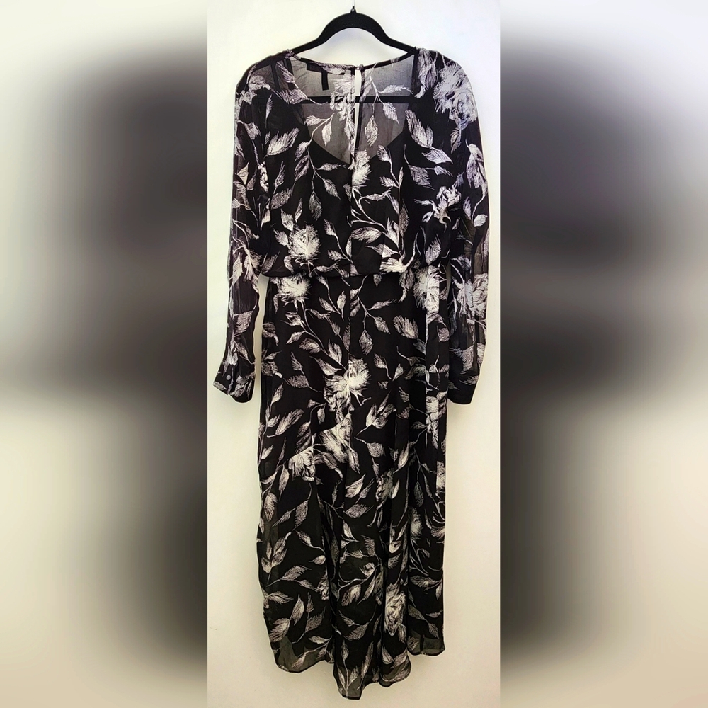 White House Black Market Monochrome Leaf Print Long Sleeve Sheer Midi‎ Dress 14 - Picture 2 of 9